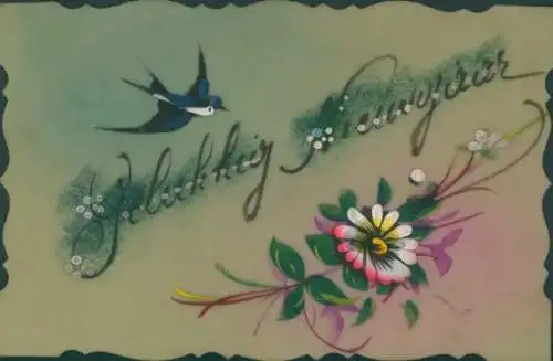 Zelluloid Ak Glückwunsch Neujahr, Schwalbe, Blume