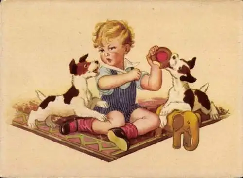Künstler Ak Junge, Hunde, Spielzeug