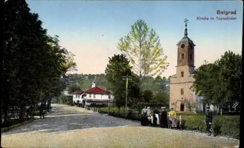 Ak Belgrad Serbien, Kirche in Topschider, Passanten