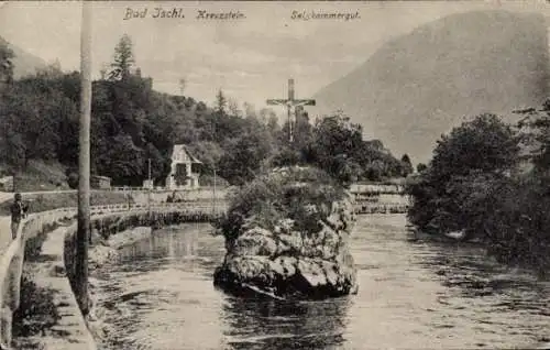 Ak Bad Ischl in Oberösterreich, Kreuzstein, Flusslandschaft, Bäume, historische Atmosphäre