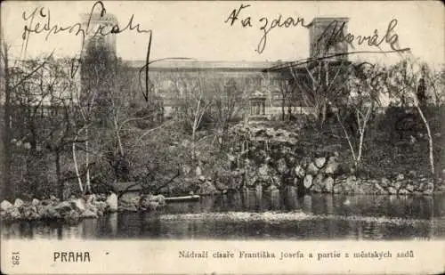 Ak Praha Prag Tschechien, Schwarz-Weiß-Bild, Nádraží císaře Františka Josefa, Stadtpark, ruhig...