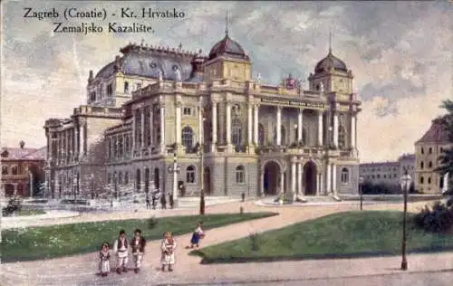 Ak Zagreb Kroatien, Zemaljsko Kazalište, historisches Gebäude, grüner Park, ethnische Gruppen