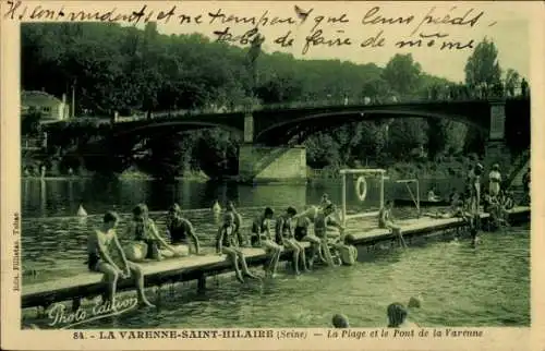 Ak La Varenne Saint Hilaire Val de Marne, Badestelle an der Seine, Brücke