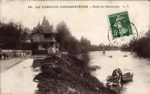 Ak La Varenne Saint Hilaire Val de Marne, Route de Champigny, Ufer, Brücke