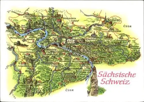 Ak Bad Schandau Sächsische Schweiz, Karte der Sächsischen Schweiz, zahlreiche Orte aufgeführt,...