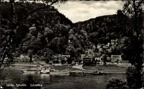 Ak Schmilka Bad Schandau Sächsische Schweiz, Schöne Landschaft, neugotische Häuser, Schiffe au...