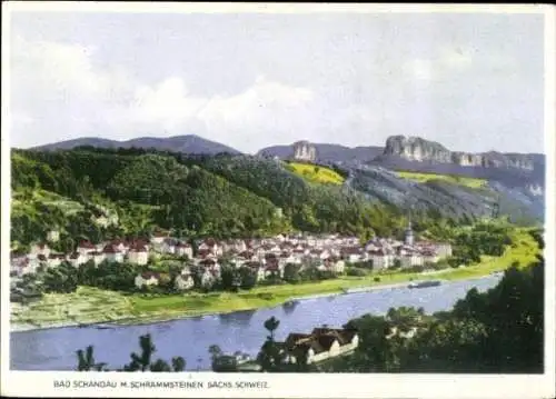 Ak Bad Schandau Sächsische Schweiz, Stadtansicht, Fluss, Berge, bunte Häuser, Grünflächen
