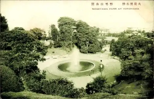 Ak Yokohama Präf. Kanagawa Japan, Nogeyama Park, Brunnen, Bäume, Aussicht auf den Park