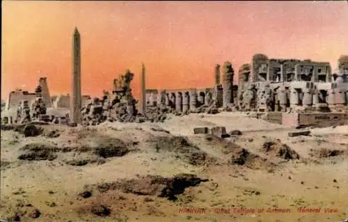 Ak Karnak Ägypten, Ruinen des Großen Tempels von Ammon, Obelisk, Säulen, Landschaft