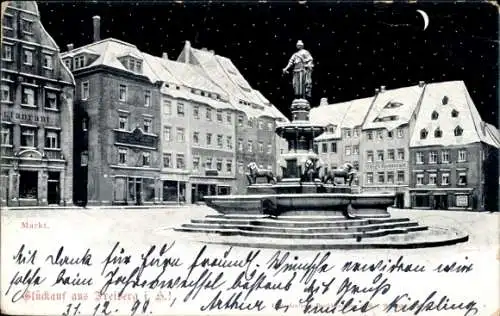 Ak Meran Merano Südtirol, Marktplatz, Brunnen, Gebäude, Nachtaufnahme, historische Karte, Schnee