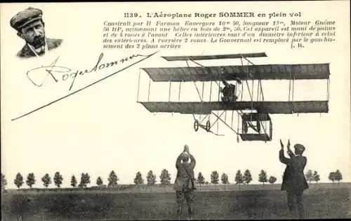 Ak Aeroplane Roger Sommer en plein vol, Luftfahrtpionier, H. Farman