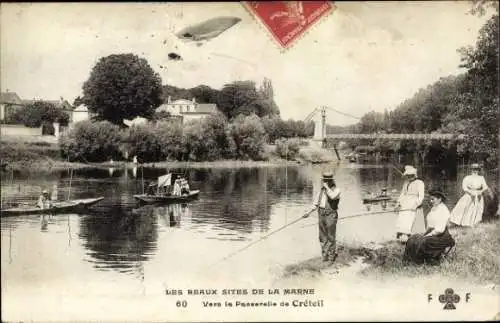Ak Créteil Val de Marne, Angler, Boote, Brücke, Uferlandschaft,  
