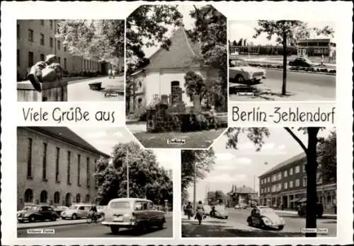 Ak Berlin Zehlendorf, Stadtbad, Rathaus, Dorfkirche, Teltower Damm