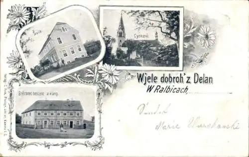 Ak Ralbitz Rosenthal Oberlausitz, Schule, Kirche, Brezanec hoscenc a klang