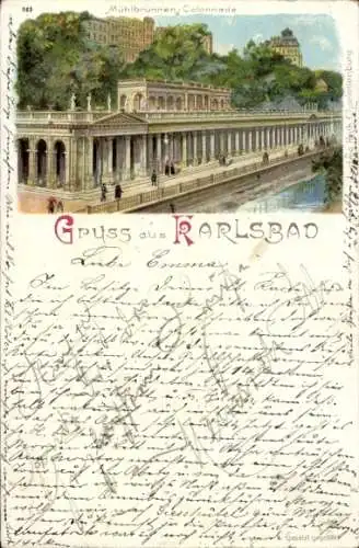 Ak Karlovy Vary Karlsbad Stadt, Mühlbrunnen, Colonnade, Gruß aus Karlsbad