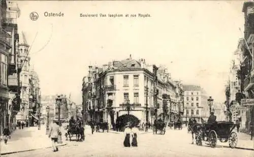 Ak Oostende Ostende Westflandern, Boulevard Van Iseghem, rue Royale, alte Gebäude, Pferdewagen, M