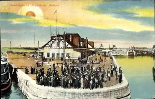 Ak Norddeutscher Lloyd Bremen, Dampfer, Norddeutsche Lloyd-Halle, Abfahrt, Hafenansicht, Menschen