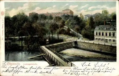 Ak Chemnitz in Sachsen, Justizgebäude, Brücke, Fluss, Stadtansicht, Farbdarstellung