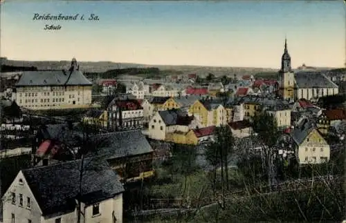 Ak Reichenbrand Chemnitz in Sachsen, Vogelperspektive auf die Stadt, Schule, Kirche