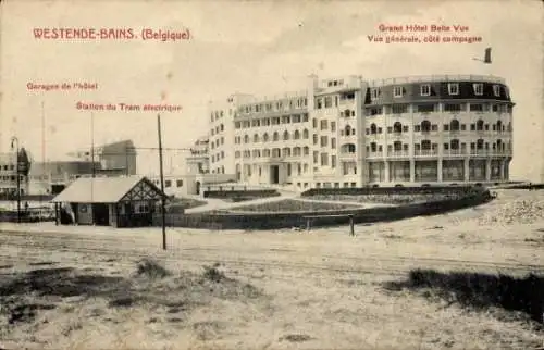 CPA Westende Flandre occidentale, Grand Hôtel, Garages, Station du Tram électrique