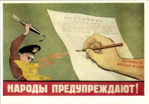 Künstler Ak Die Völker warnen, Poster 1950, Karikatur, Kalter Krieg, Propaganda