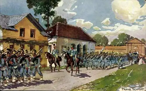 Künstler Ak Schmidt, Franz, Durchmarsch Bayerischer Truppen durch die Festung Landau, 1870