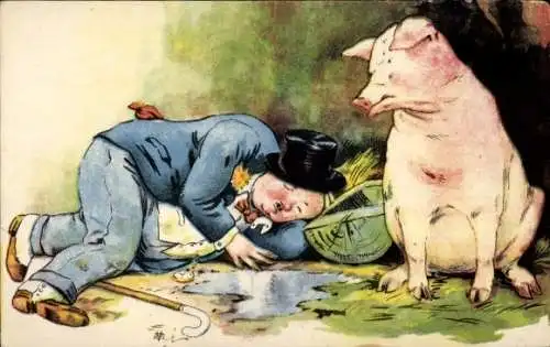 Ak Betrunkener Mann, Schwein