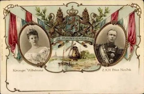 Präge Wappen Ak Königin Wilhelmina der Niederlande, Heinrich zu Mecklenburg, Portrait, Windmühle