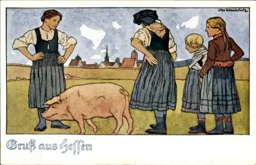 Künstler Ak Otto Ubbelohde, Hessische Trachten, Schwein
