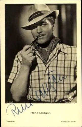 Ak Schauspieler René Deltgen, Portrait mit Pfeife, Hut, Ross Verlag A 2814 1, Autogramm