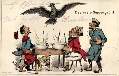 Ak Das erste Suppengrün, deutscher Adler kackt in Suppenschüsseln der Alliierten, 1. WK