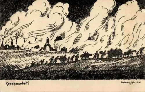 Ak Kosakenarbeit, Brennendes Dorf, Kriegsflüchtlinge, Kriegszerstörungen, I. WK