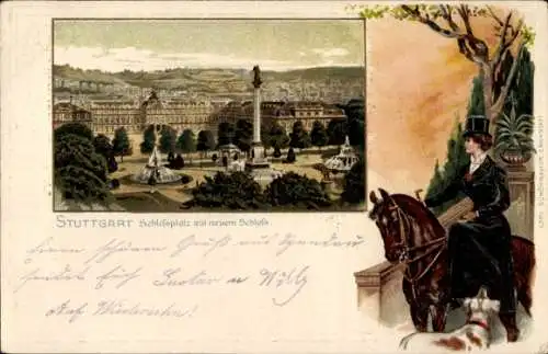 Passepartout Litho Stuttgart in Württemberg, Schlossplatz, neues Schloss, Reiterin