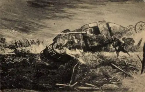 Künstler Ak Britischer Panzer Mark IV im Angriff, Schlachtfeld 1. WK