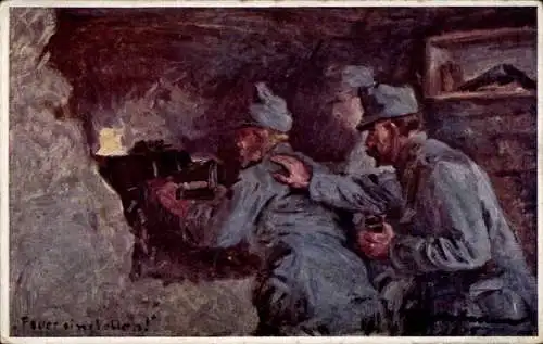 Künstler Ak Kuk Armee im Alpenkrieg 1. WK, MG in Bunkerstellung, Feuer einstellen