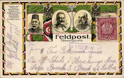 Ak Feldpostkarte der Kuk Armee 1. WK, Dreierbund, Kaiser Wilhelm II, Kaiser Franz Joseph I, Mehmed V