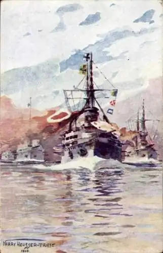 Künstler Ak Heusser, Harry, Deutsche Kriegsschiffe, Linienschiff-Geschwader, Wittelsbach-Klasse