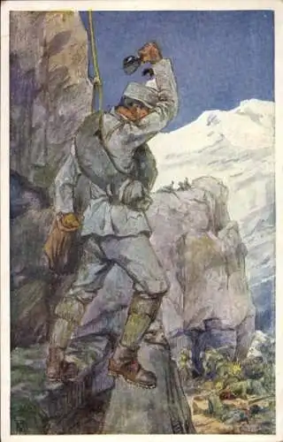Künstler Ak Kuk Armee im Alpenkrieg, Korporal Rudolf Fellner, Handgranatenwurf, 1. WK