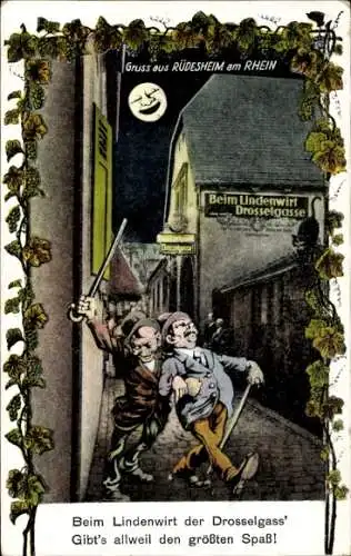 Ak Beim Lindenwirt der Drosselgass, Betrunkene Männer schwanken über Straße