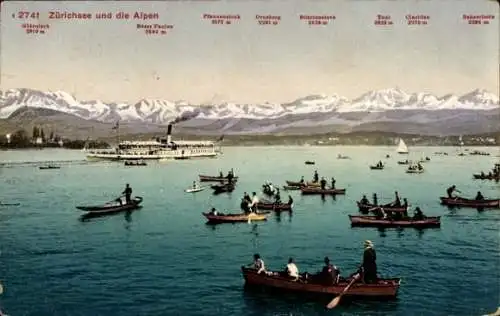Ak  Zürichsee, Ruderboote und Dampfer, Alpenpanorama