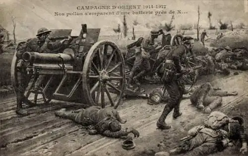 CPA Campagne d'Orient 1914-1917, Nos poilus s'emparent d'une batterie près de X