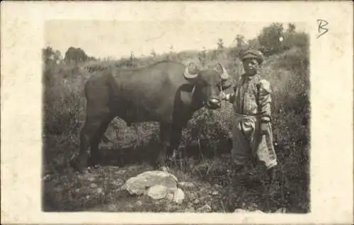 Foto Ak Kleiner Junge mit einem Rinder, Wasserbüffel?