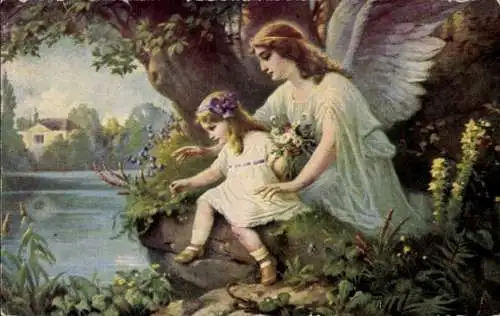 Künstler Ak Mädchen, Schutzengel