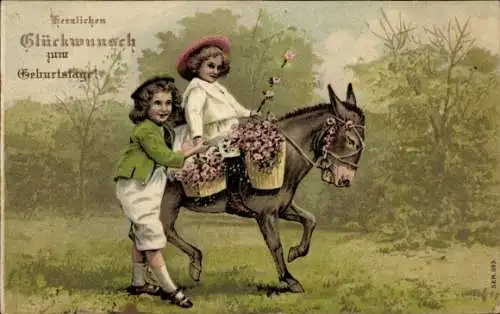Ak Glückwunsch, Hartelijk Gefeliciteerd, Mädchen reitet auf dem Esel, Blumenstrauß