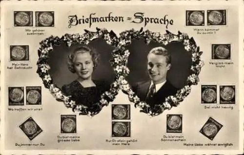 Ak Briefmarkensprache, Liebespaar, Wann kommst du zu mir?