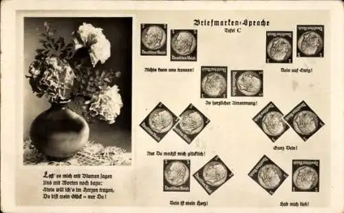 Ak Briefmarkensprache, Blumenstrauß, Blumenvase