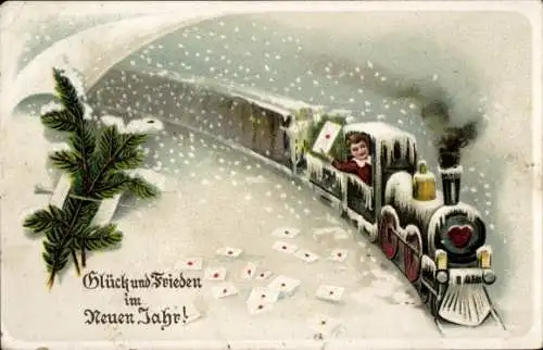 Ak Glückwunsch Neujahr, Eisenbahn, Tannenzweige