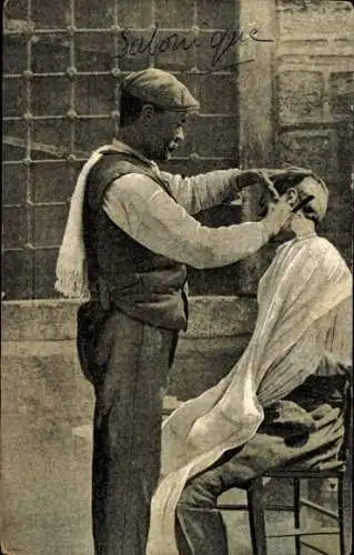 Ak Saloniki Thessaloniki Griechenland , Dans une rue, Barbier