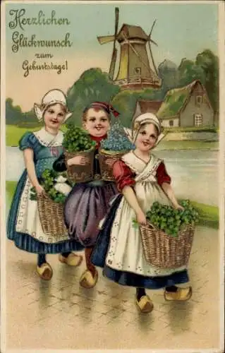Litho Glückwunsch Geburtstag, Klee, Windmühle, Kinder in niederländischer Tracht