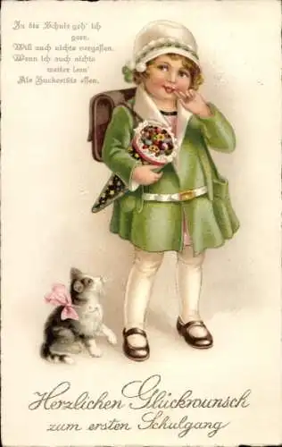 Litho Glückwunsch Schulanfang, Zuckertüte, Mädchen, Katze